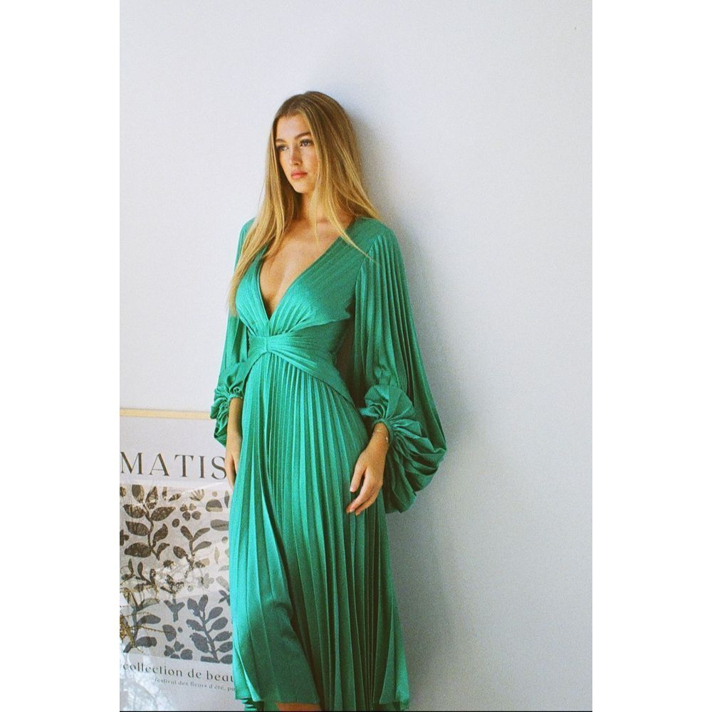 Acler Palms satin plisse pleated open twist back midi dress in Green size 10